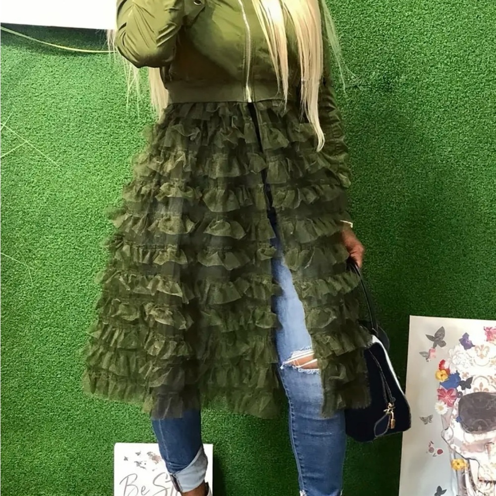 Green Ruffled Jacket with Sheer Overlay - Picture 3 of 3